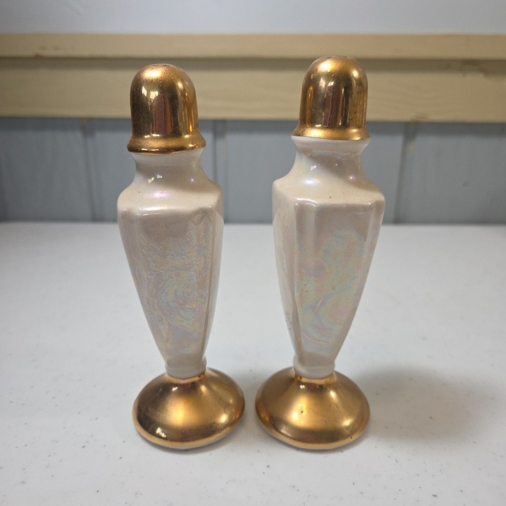 MCM Salt Pepper Shakers Vintage Art Deco Creamy White Gold Lusterware Porcelain